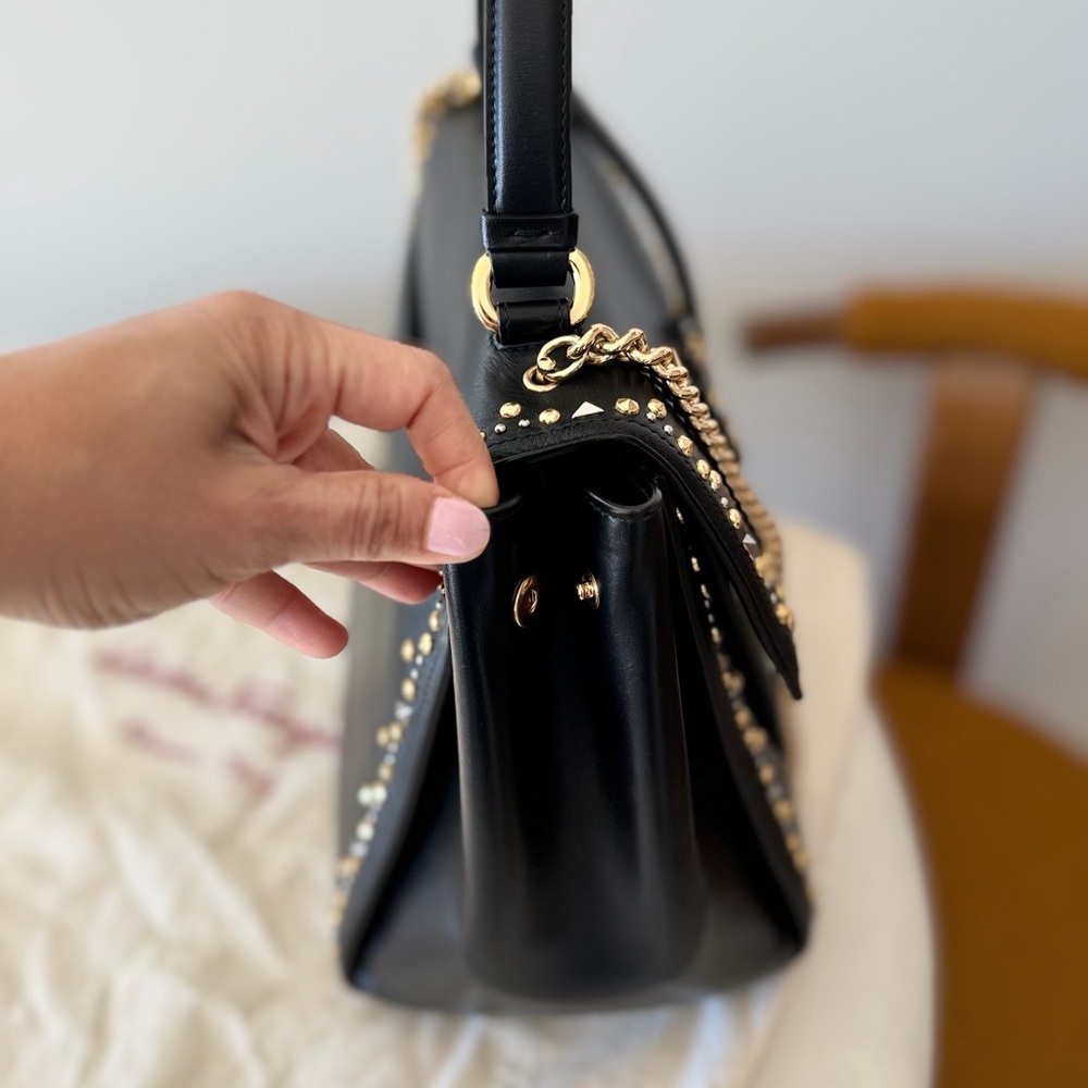 Salvatore Ferragamo Black Leather Satchel with Gold & Silver Studs - Picture 7 of 11